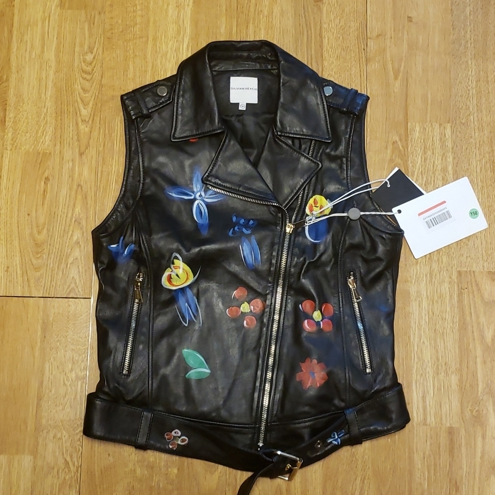 NWT Silvian Heach lamb leather painted moto vest size medium